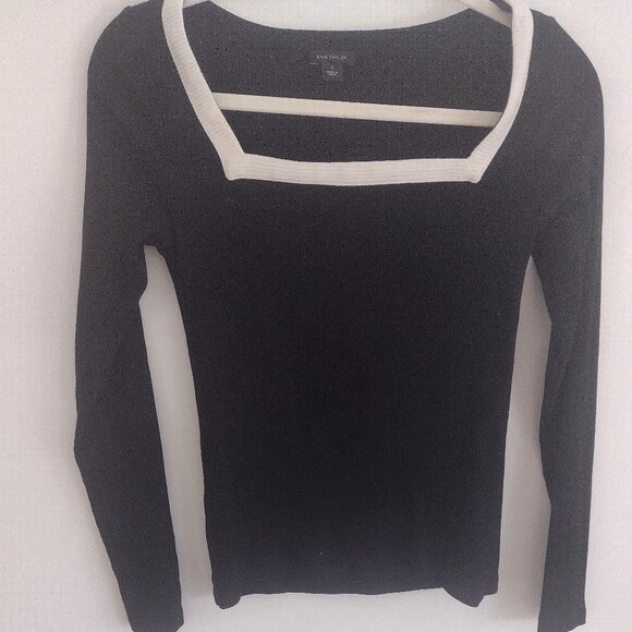 Ann Taylor Colorblock Square Neck Black White Top - Picture 2 of 5
